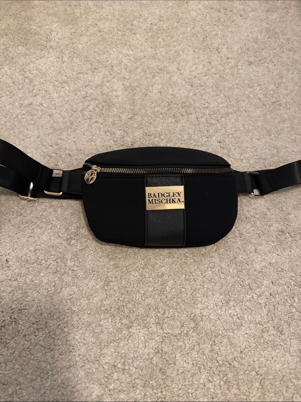 Badgley Mischka Black Belt Bag with Gold Logo Plate